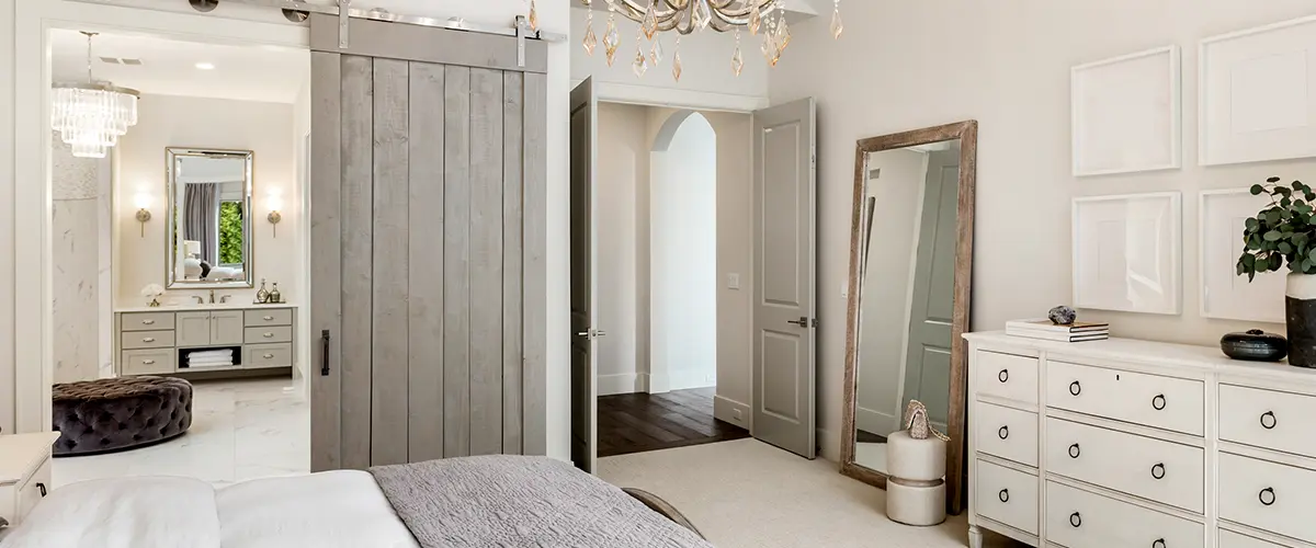 small bathroom remodel with sliding barn doors in master bedroom