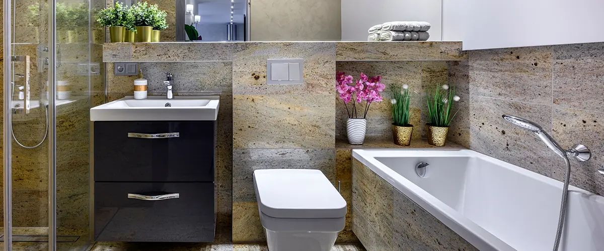 small modern bathroom interior with tub and walk-in shower