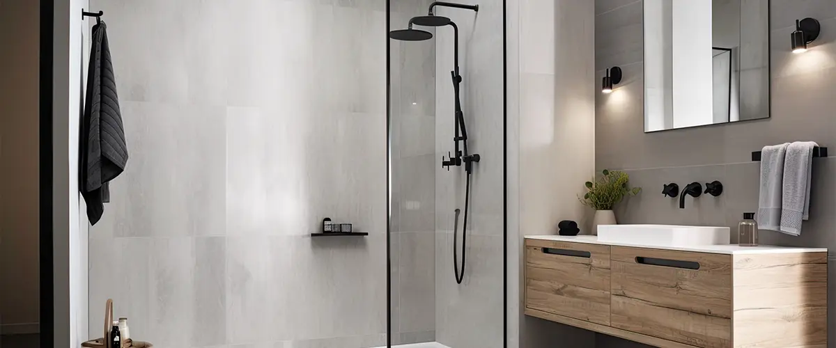 minimal design walk shower are simplicity, functionality, and clean lines with a focus on natural materials and subdued colors