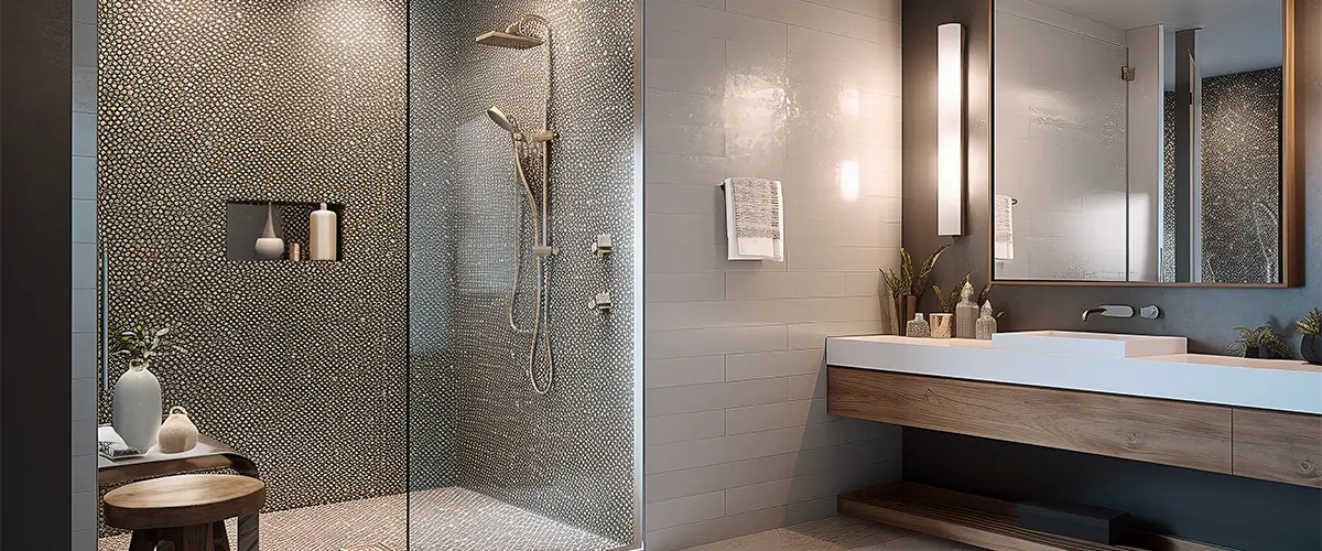 Spacious Mosaic Shower with Contemporary Chrome Accents.