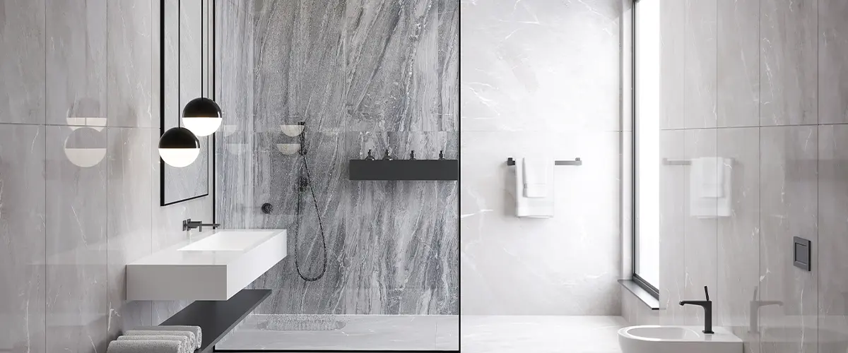 Chic bathroom with marble-textured walls and modern sink