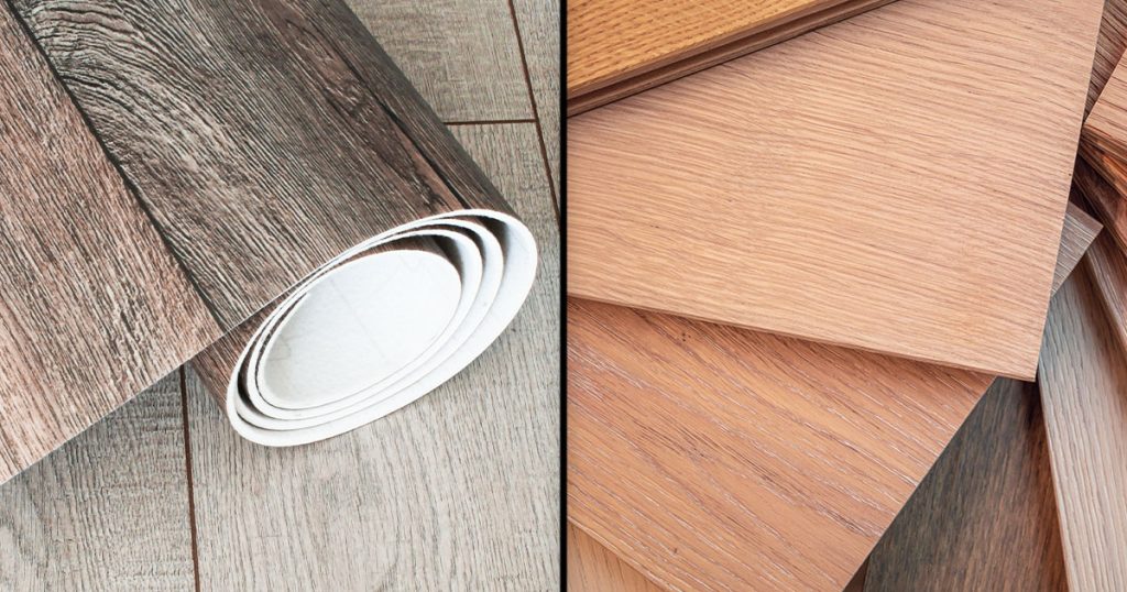 Comparison of rolled vinyl flooring and stacked wood laminate samples