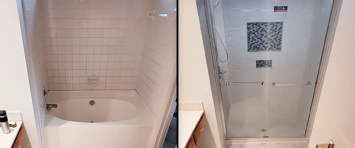 Before-and-after comparison of a tub-to-shower conversion with a glass door and updated tile design.